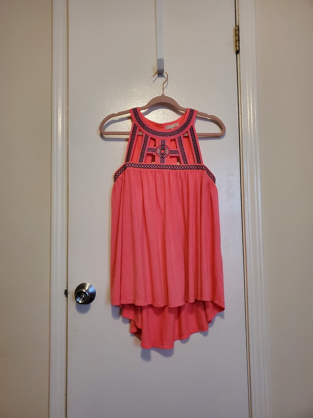 Hot Pink Aztec Boho Tank with Navy Embroidery